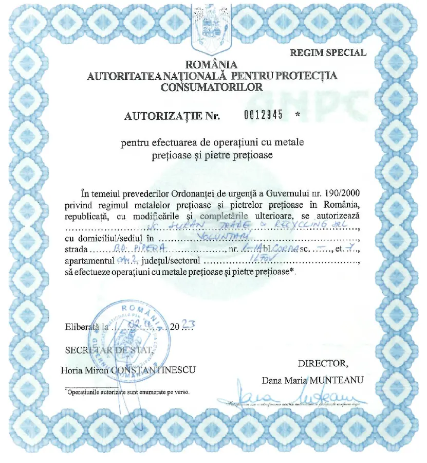 Licencia para el comercio de metales preciosos